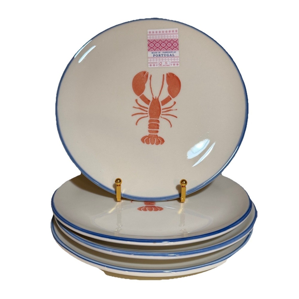 Set of 4 Made In Portugal 9" Luncheon Plates, Lobster Design with Blue Border